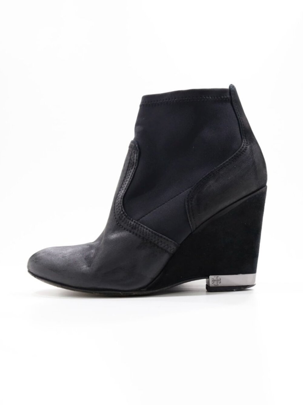 Tory Burch Brenda Black Leather & Nylon 3.5" Wedge Heel Ankle Booties - 7.5